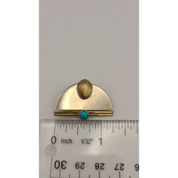 Vintage Sterling and Gold Filled Smoky Quartz & Turquoise Pin Brooch 1.25" - Picture 5 of 5